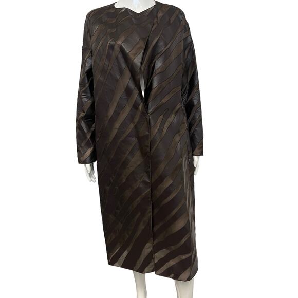 AKRIS Brown Silk Striped Faux Leather Collarless Mid-Length Galileo Coat 40 US 8 - Picture 1 of 6